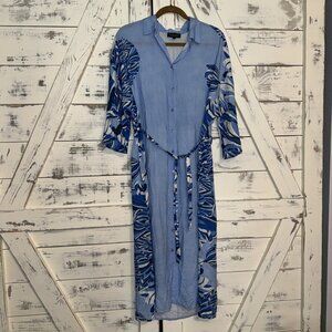 Magari Made In Italy Women's Blue Floral Button Up Midi Dress Collared Tie Waist
